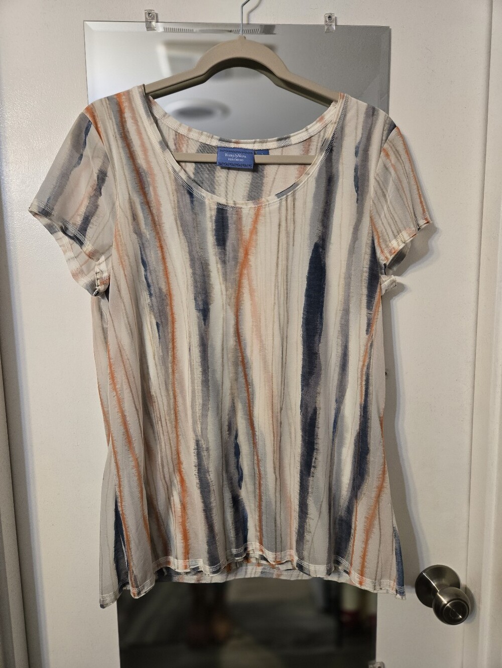 Simply Vera Vera Wang Cream Striped Short Sleeve Blouse with Navy & Rust Accents